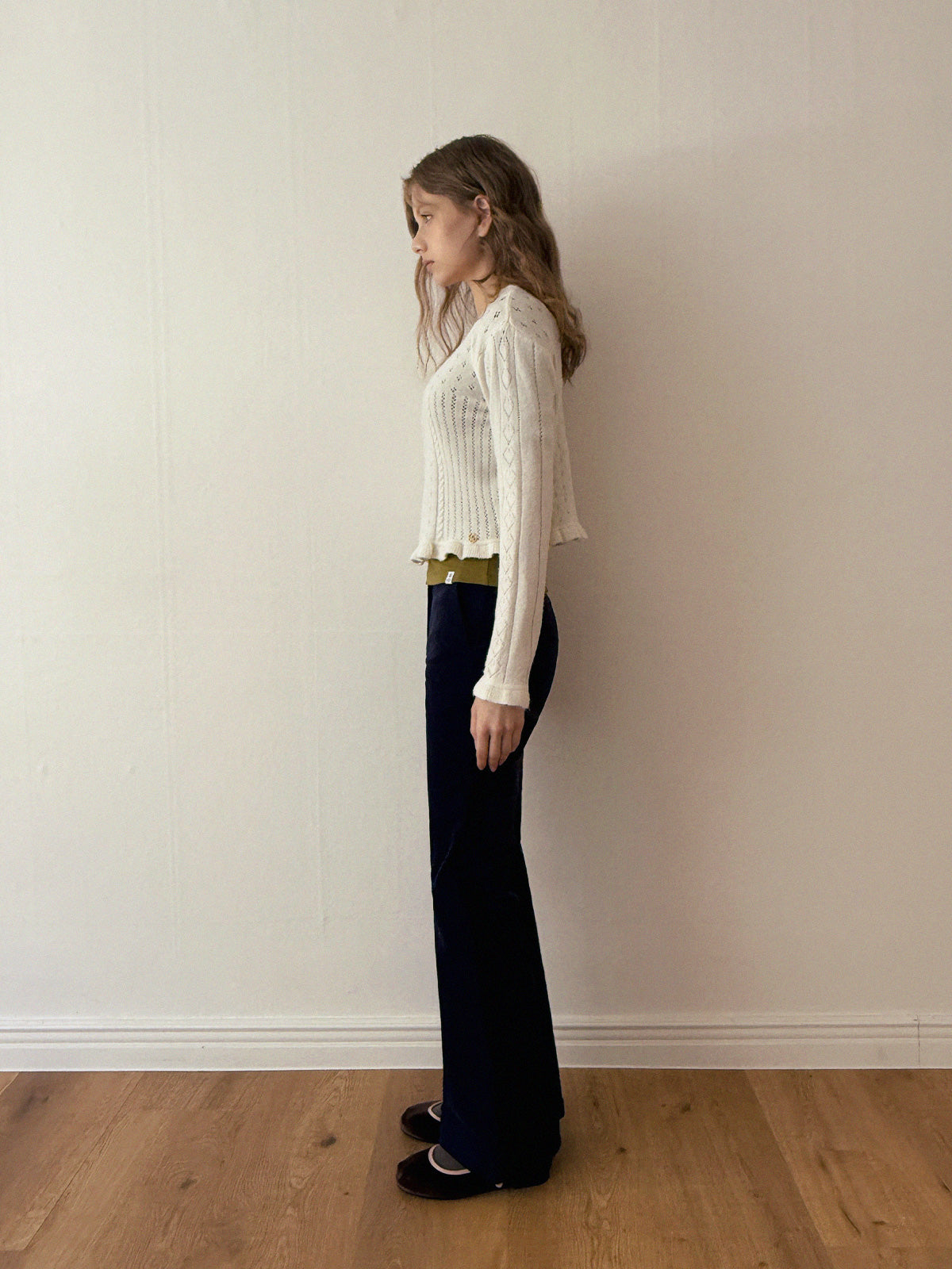[TWEE] Snedy Punching Frill Knit Long-Sleeve Cardigan