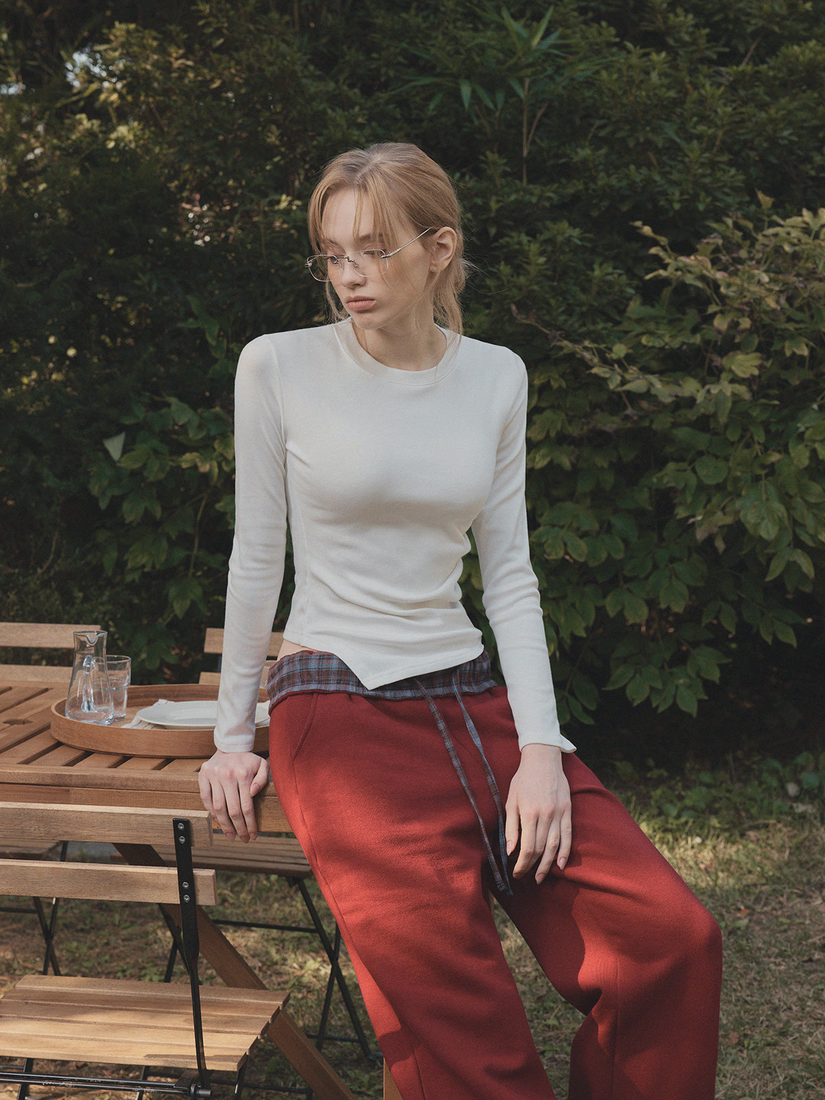 [TWEE] Teld Raffung Rundhals Langarmshirt