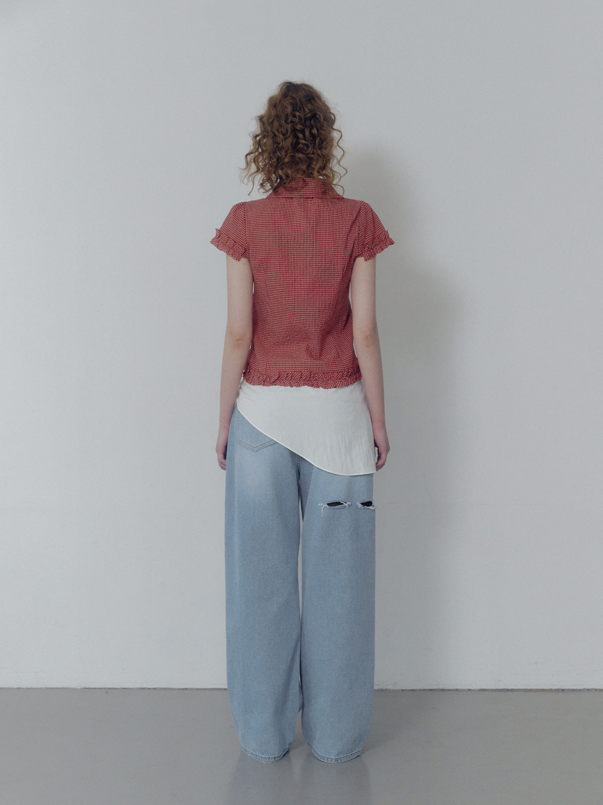 [TWEE] Roel check frill short sleeve blouse