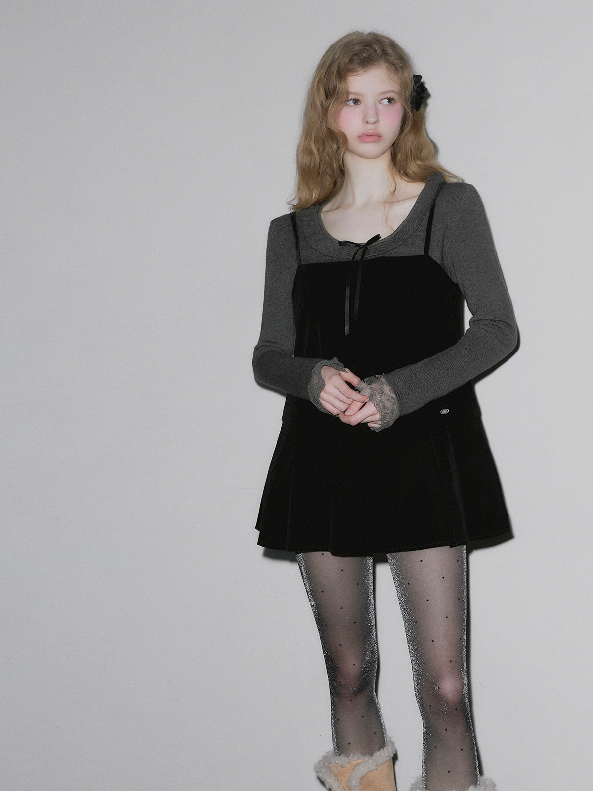 [TWEE] Pudin Velour Layered Mini Dress