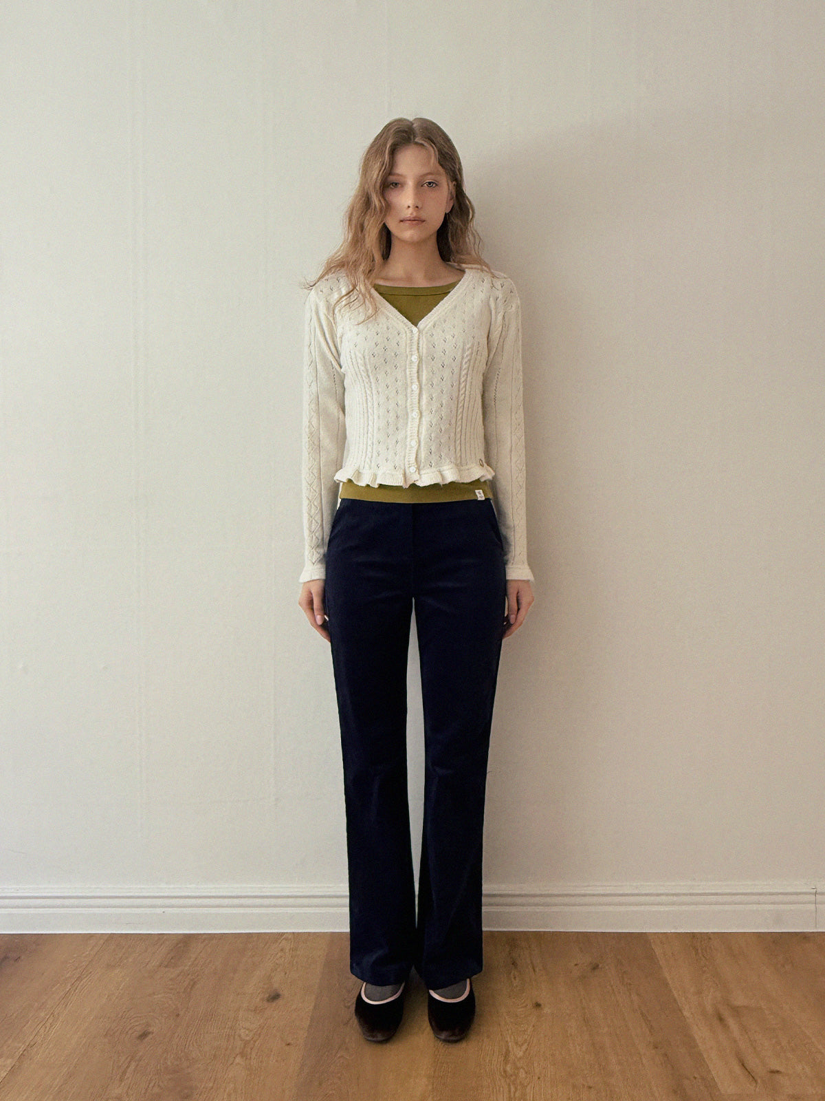 [TWEE] Snedy Punching Frill Knit Long-Sleeve Cardigan