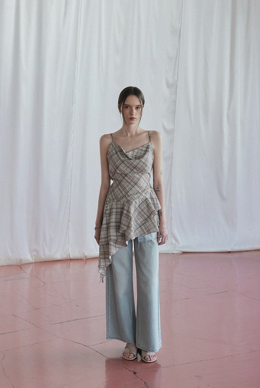 Tup shirring check asymmetrical dress