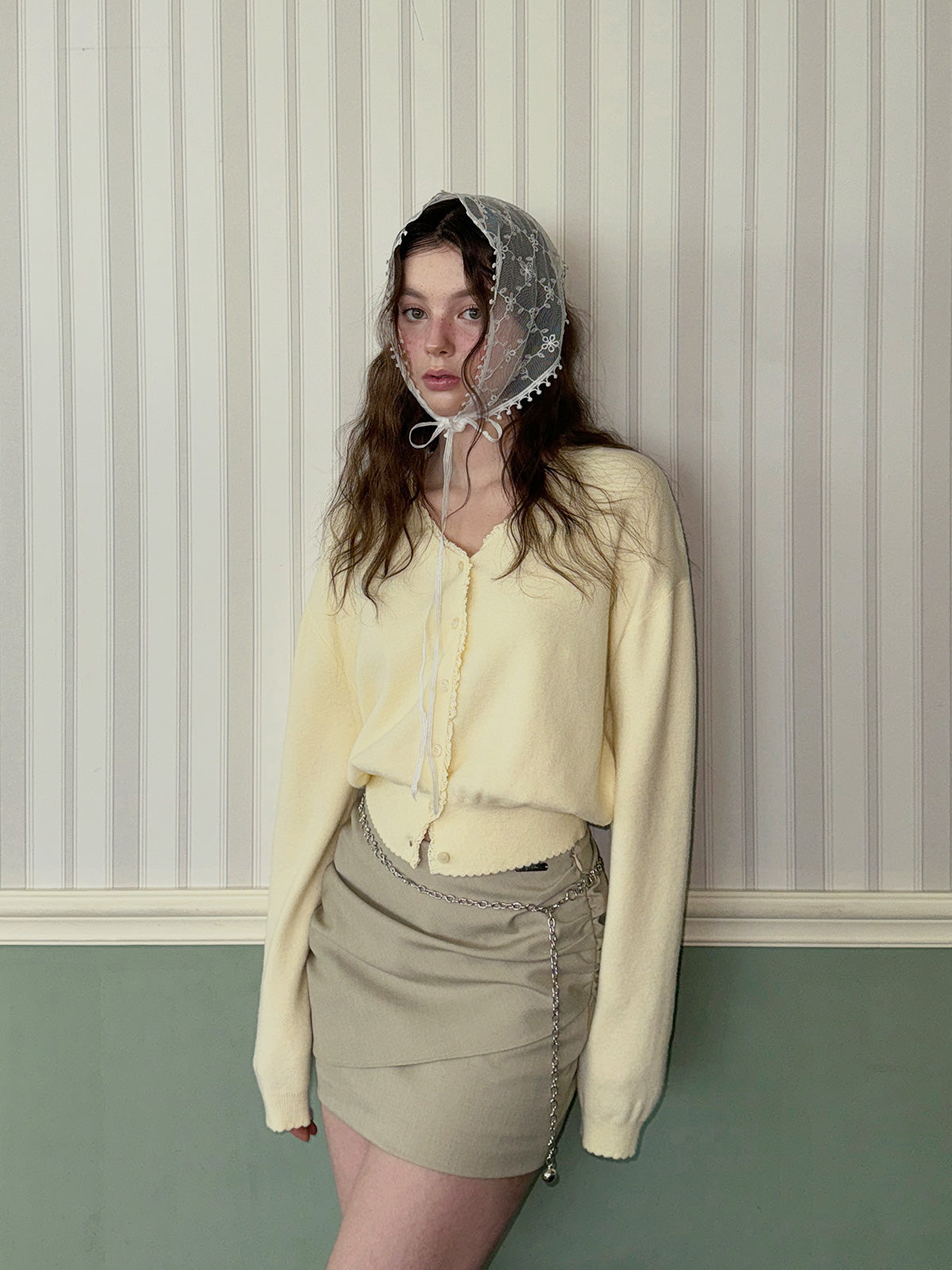 [TWEE] Cardigan in Maglia con Pizzo Fate, Scollo a V e Maniche Lunghe