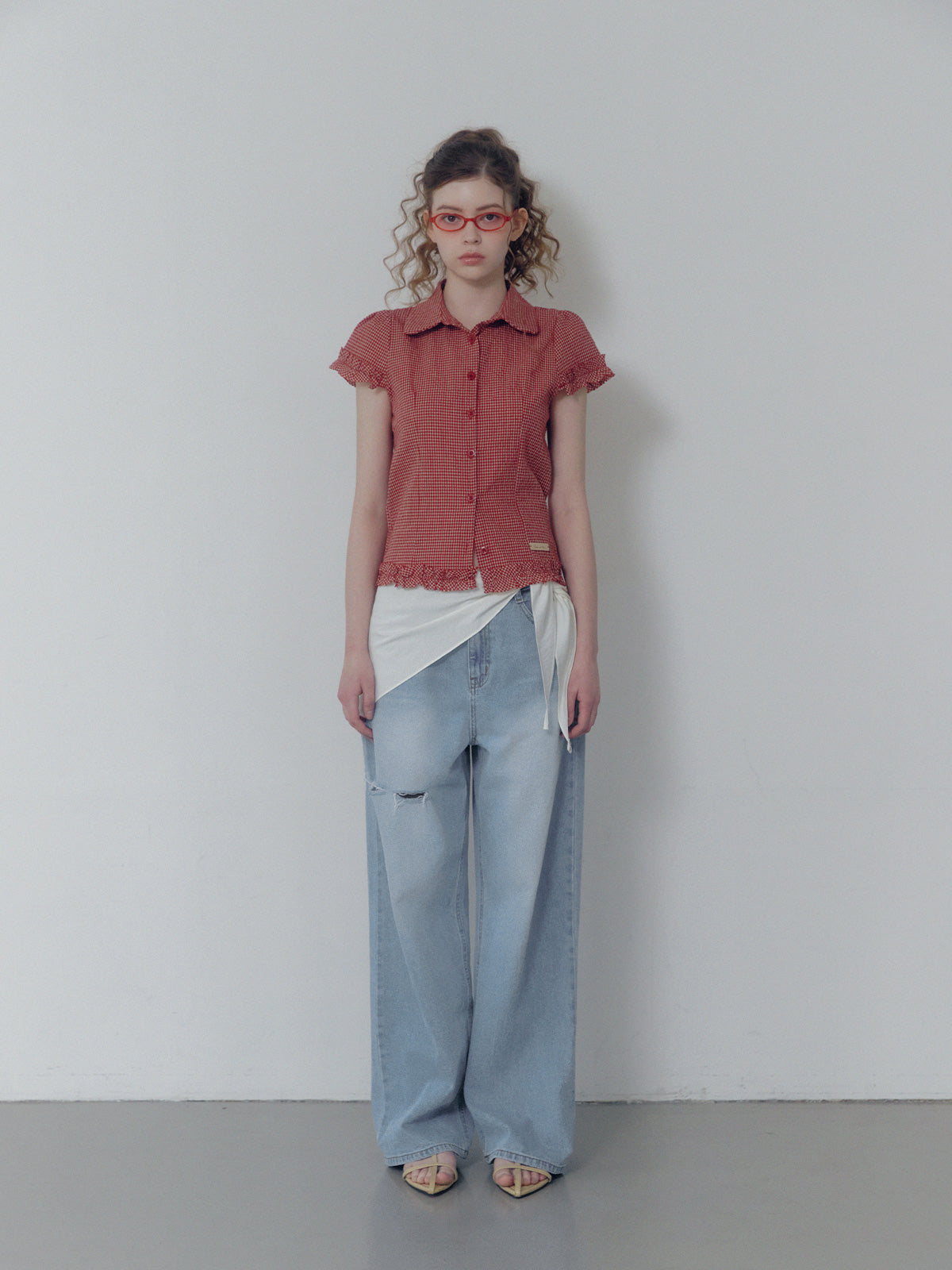[TWEE] Roel check frill short sleeve blouse