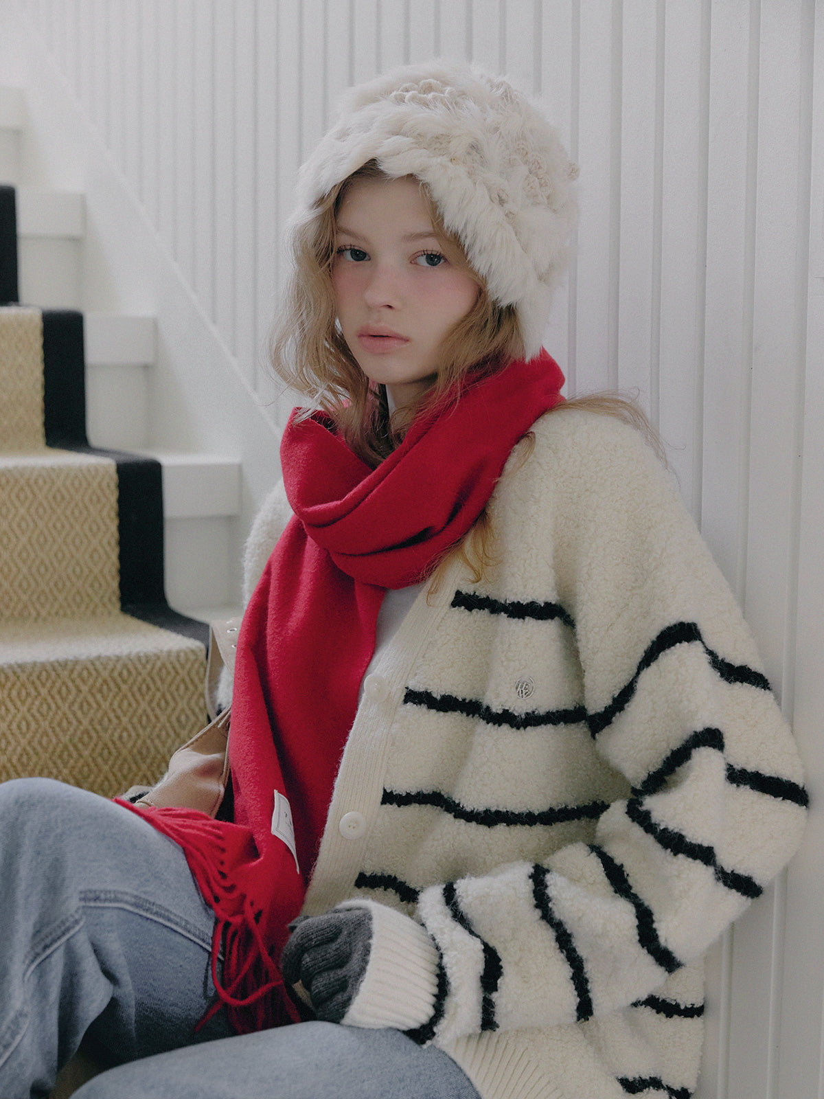 [TWEE] Cardigan Oversize a V con Bouclé a Righe Dent