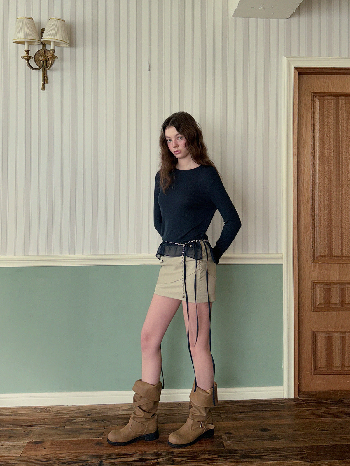 [TWEE] Canvil Sheer Layered Strap Long Sleeve T-Shirt