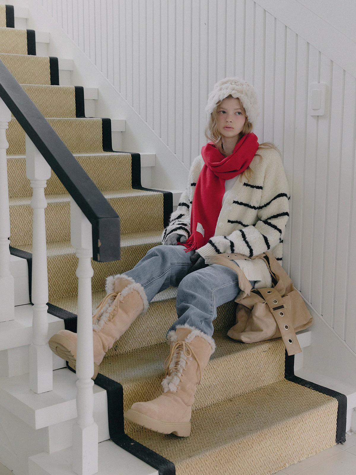 [TWEE] Dent Stripe Bouclé V-Ausschnitt Oversize Cardigan