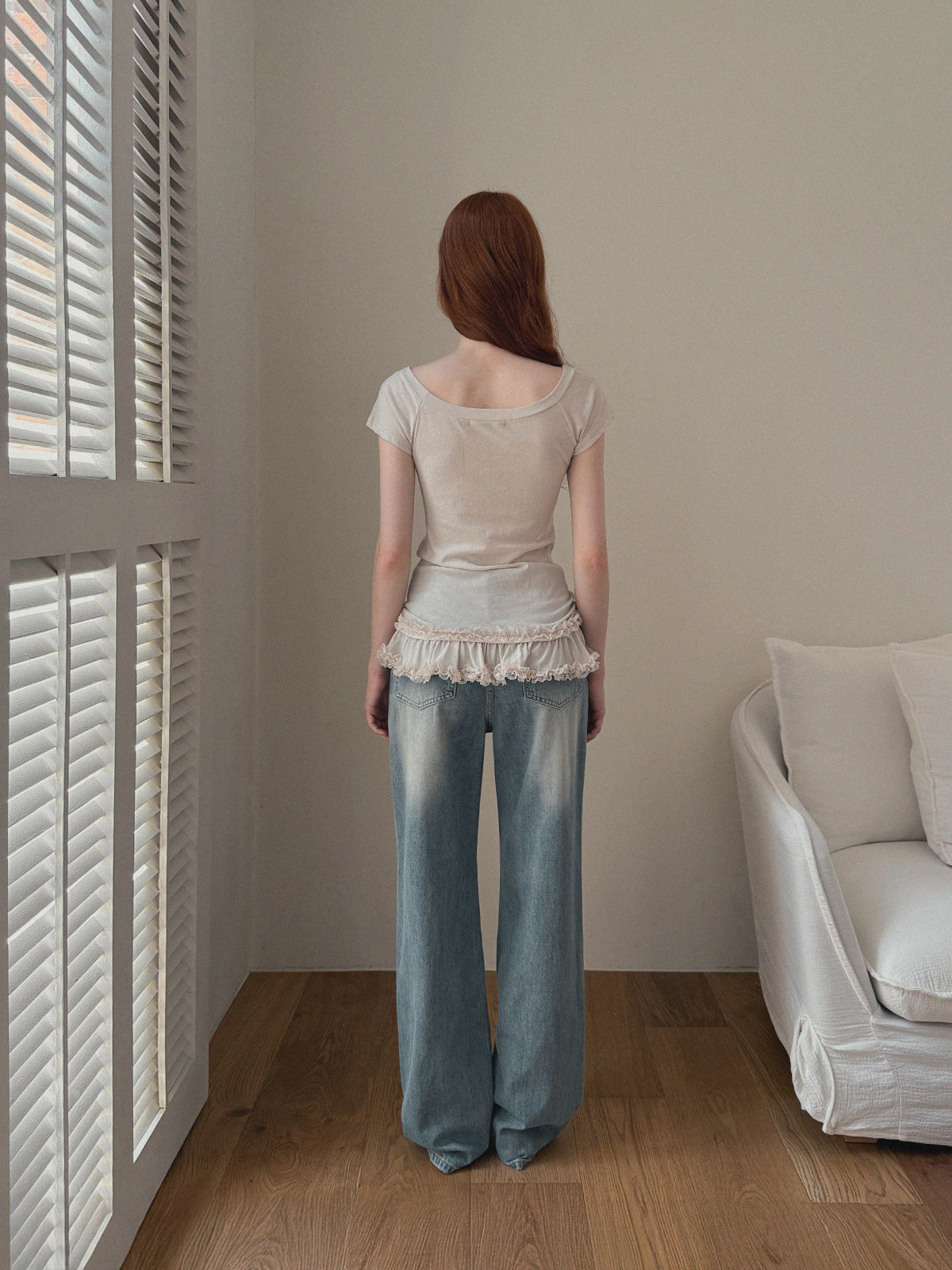 [TWEE] Beige Frill Off-Shoulder Short Sleeve Tee